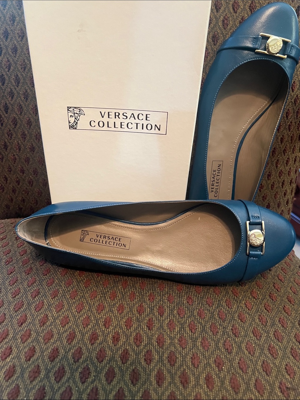 Versace Collection Teal Leather Ballet Flats with Gold Medusa Accent S107